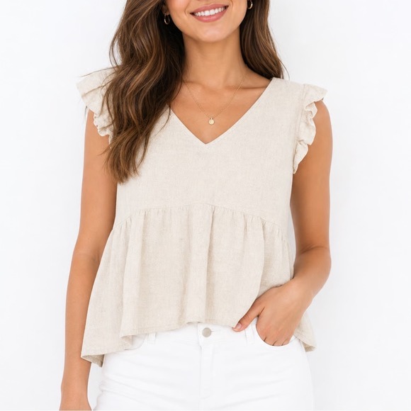 new in Tops - New In Oatmeal Linen Blend Ruffle Sleeve Lace Up Back Peplum Top Large